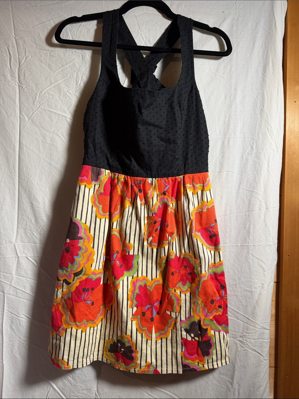 Judith March Black Bodice Floral Stripe Sundress with Orange and Pink Blooms